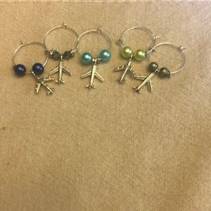 Airplane Aviation wine charms set of five blue and green mixture.